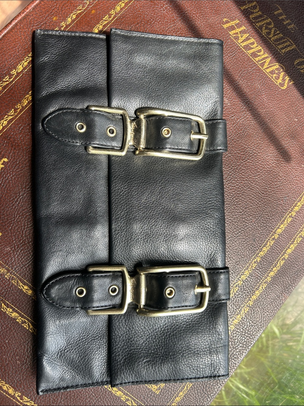Foley + Corinna Black Leather Double Buckle Clutch